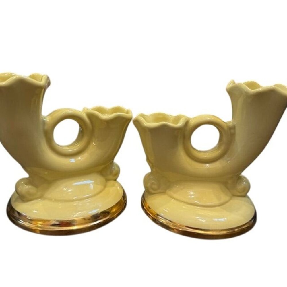 Vintage Abingdon Pottery Yellow Horn Candlestick Holders Set Of 2